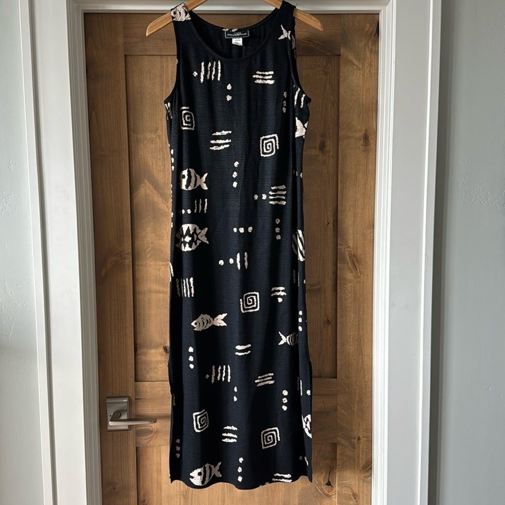 Molly Malloy VTG Painted Fish Maxi Dress Womens 8 Sleeveless Black/Cream Beach